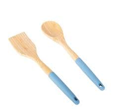 Downtown Blue Silicone and Wood Kitchen Utensil Set, Non-Scratching Spoon and Spatula for Cooking, High-Quality Heat Resistant Silicone Tools with Natural Beech Wood Handles for Baking