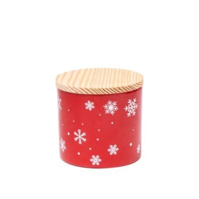 Cherry Scented Candle Cup 8.5cm D x 7.5cm H Red W/Printed White Snowflake, includes Wood Cover & Gift Box Approx Burn Time 48 Hours