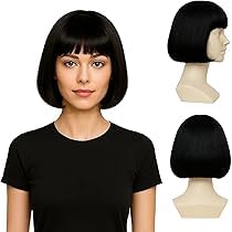 ECIF Short Bob Hair Wigs 12" Straight With Flat Bangs Synthetic Colorful Cosplay Daily Party Wig For Women Natural As Real Hair+ Free Wig Cap (Black)