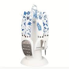 6 Piece Multi Use Kitchen Utensil Set with Handy Rocket Stand – Includes Essential Tools for Opening, Peeling, Grating and Serving – Premium Quality Material – Available in Pink and Blue ka