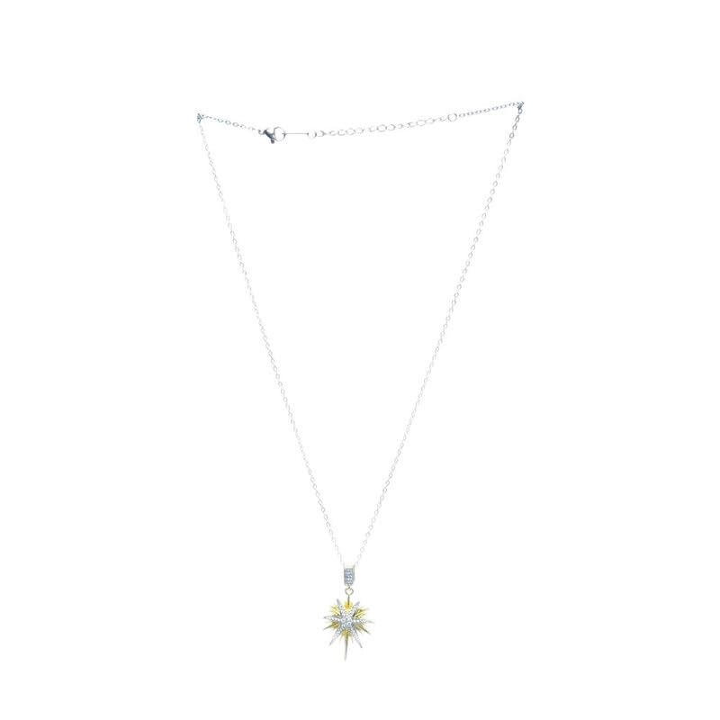 Stainless Steel Two-Tone Dimensional Starburst Pendant Necklace For Women - Silver Gold