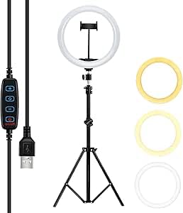 Selfie Ring Light, Ring Light Dimmable LED Ring Light 10 Inch 26cm with Adjustable Tripod Stand and Phone Holder, 3 Lighting Modes and 10 Brightness Levels for Live Streaming and Makeup
