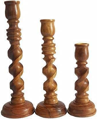 Handmade Indian Sheesham Wood Candle Holder Trio Large Size Elegant Carved Home Décor Set for Living Room and Entryway Decoration