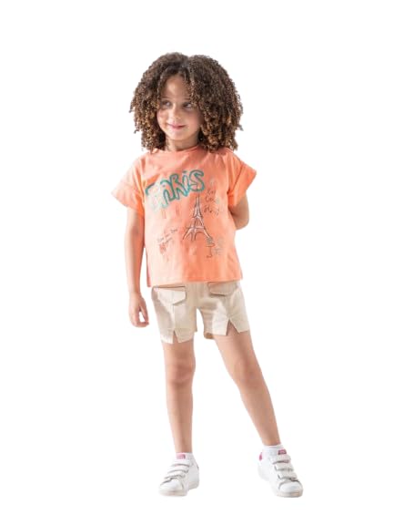 Girls Paris Graphic T-Shirt and Shorts Set, Summer Casual Outfit-429