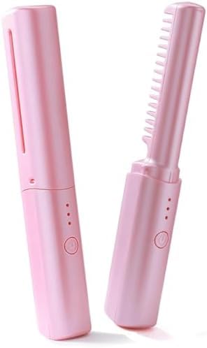 2 in 1 Portable Cordless Electric Hair Straightener Brush, Mini and Light, 3 Adjustable Temperature, Negative Ion Technology Ceramic Design, Easy to Straighten Hair and Beard for Travel (Pink)