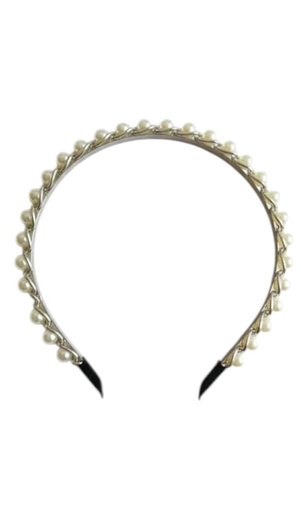 Pearl Headband, Metal Frame with White Pearls, Hair Accessory (Silver)