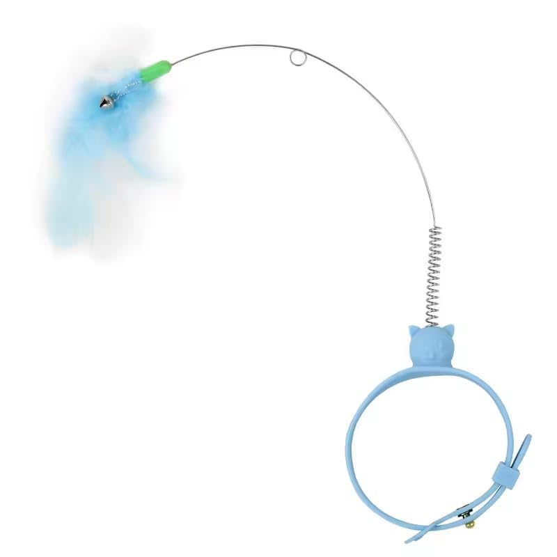 Adjustable Feather Teaser Cat Collar Toy Interactive Self-Play Wand with Retractable Steel Wire & Bell for Indoor Cats and Kittens (Blue)