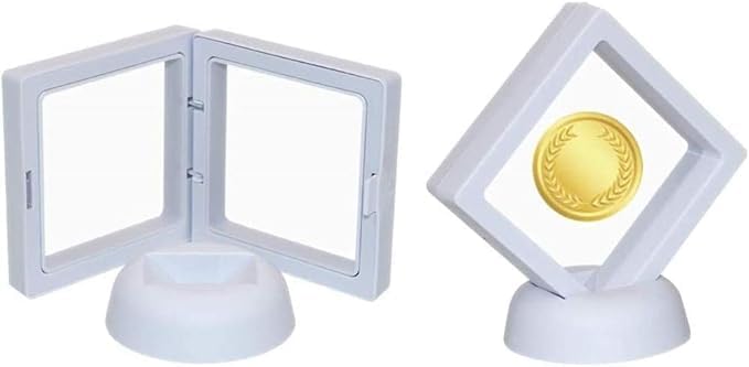 3D Floating Display Frame with Stand, Transparent Membrane Coin and Jewellery Holder, White Display Cabinet