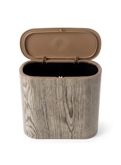 Narrow Profile Press-Top Trash Can Wood Grain Finish Slim Space Saving Bathroom Waste Bin with Spring Push Lid Odor Proof Dustbin for Bathroom Bedroom Kitchen Office Corner Use Durable Lightweight 1PC