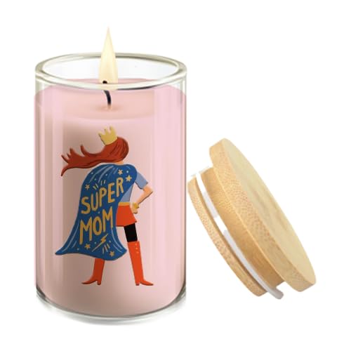 Mother's Day Scented Candle with Super Mom Design, Pink, Glass Container with Wooden Lid