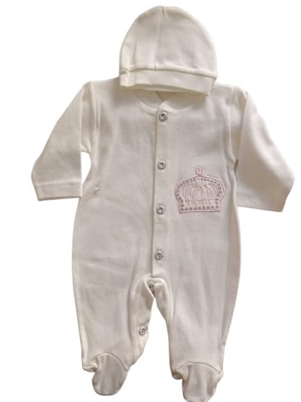 Newborn Cotton Bodysuit Off White Crystal Crown Embroidery Feet Covered with Attached Hat for Baby Girls