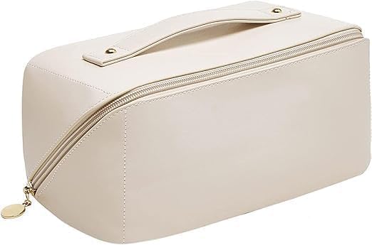 Travel Makeup & Toiletry Bag, Large Capacity Cosmetic Organizer, Open Flat Portable Zipper Case for Makeup, Skincare and Toiletries (Off-White)