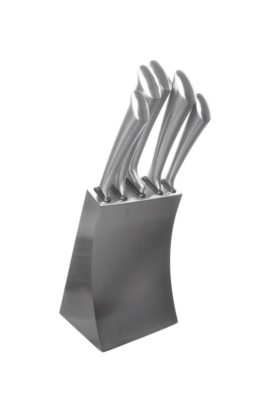 Stainless Steel Knives Set, 5 Pieces with Base - Silver