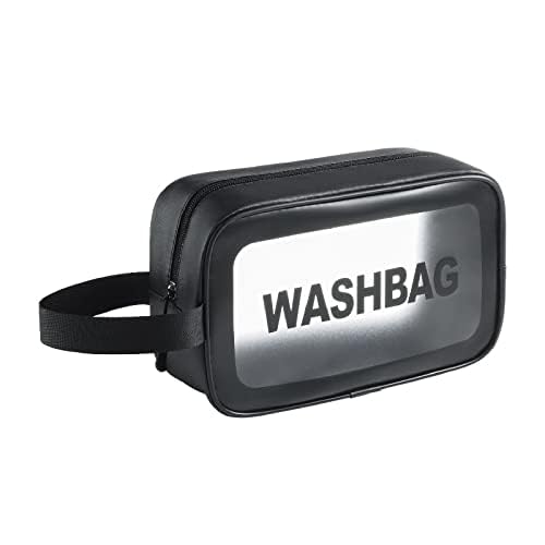 Black Travel Toiletry Bag, Waterproof Makeup Cosmetic Travel Organizer Bag for Women Men, Portable Translucent Storage Wash Bag with Handy Handle for Travel Bathroom Toiletries Accessories,
