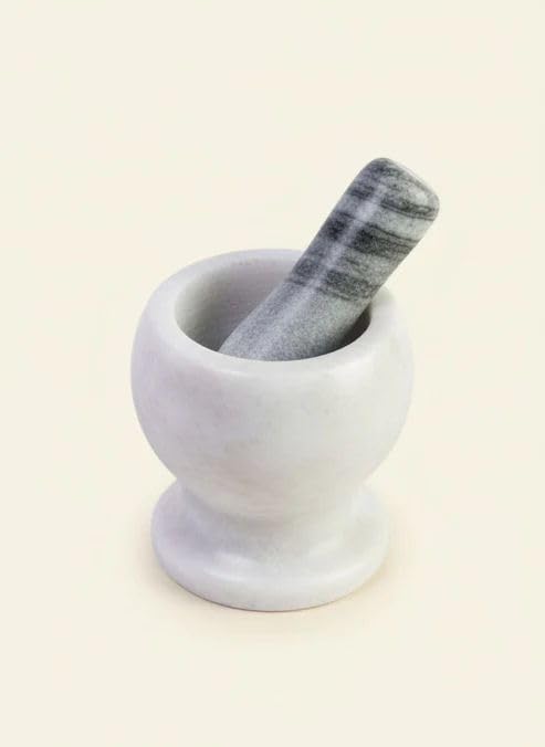 CasaHome Pottery Mortar & Pestle Set, Glazed Stoneware Exterior with Unglazed Grinding Bowl, Stable Pedestal, White & Grey—For Spices, Herbs, Pastes