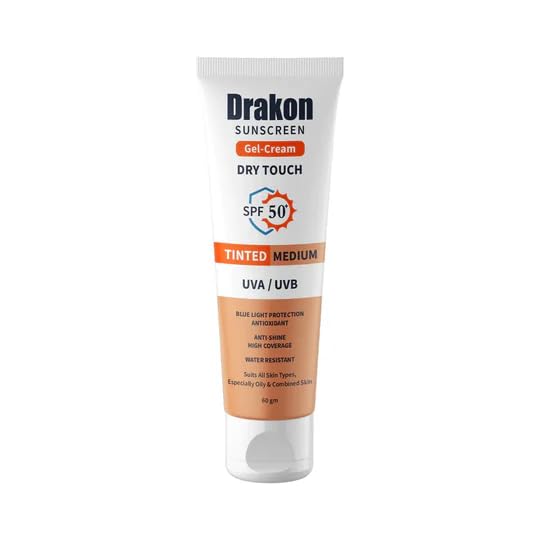 Drakon Sunscreen Gel-Cream Dry touch Tinted Medium SPF 50 60 gm -UVA & UVB - Water Resistant & Antioxidant - All Skin Types Especially for Oily & Combined Skin
