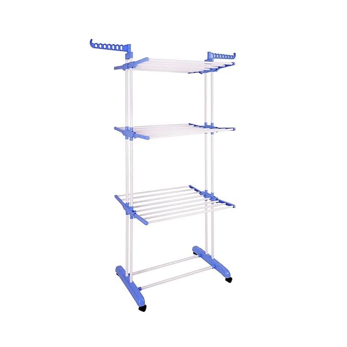 Rust-Free Stainless Steel 3-Tier Foldable Cloth Drying Stand with ABS & Wheels – Indoor/Outdoor Balcony Laundry Rack (Blue)