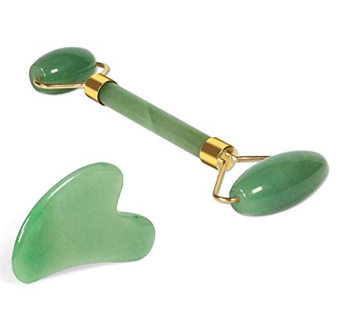 2 in 1 Anti Aging Gua Sha Tools Including Rose Quartz Roller and Natural Jade Face Roller Massager, (Green)