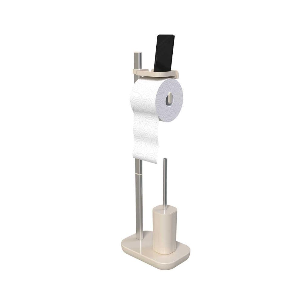 Primanova Sui Multifunctional Standing Toilet Paper Holder,Made of High PP Plastic,Consist of Toilet Brush and Its Holder,Roll Holder and Top Storage Shelf To Put Your Phone or Other Items. (Beige)