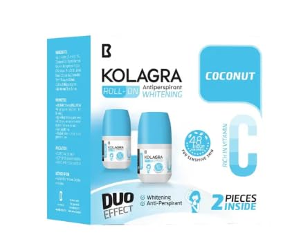 Biostream Kolagra Whitening Roll-On, Coconut Scent, Alcohol-Free, Paraben-Free, Antiperspirant, 48-Hour Protection, Sensitive Skin, 2-Pack