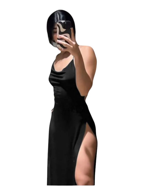 Women's Sleeveless Maxi Lingerie Dress, High Slit, V-Neck, Bodycon Style