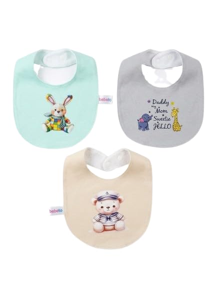 bebeto Cotton Round Baby Bibs Set (3 Pack) Boys - Printed Drool and Teething Baby Bibs - Cheerful Dinosaur, Bear and Elephant