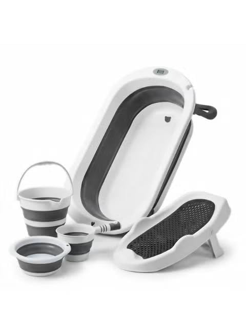 5 in 1 Foldable Baby Bath Tub Set, White and Grey, 89 x 45 cm, with Stool, Bucket and Cups