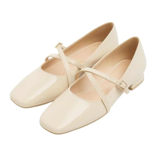 Women's Mary Jane Flat Shoes, Patent Leather, Square Toe, Cross Strap with Buckle-P0001