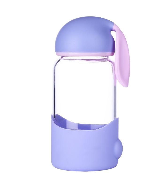 Cute Bunny Water Bottle, 340ml, with an attractive bunny design and silicone lid for kids and adults Portable, leak-proof, BPA-free bottle, suitable for the gym (purple)
