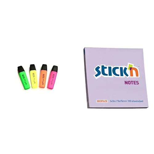 Roto Writing Bundle ( bright text highlighter set of 4 markers- multicolor +STICK'N NOTES CUBE PAD STICK'N 76X76MM PASTEL PURPLE)
