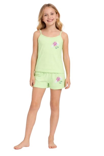 Girls Sleepwear Set, Spaghetti Strap Tank Top and Shorts Pajama Set with Floral Design, Pure Cotton