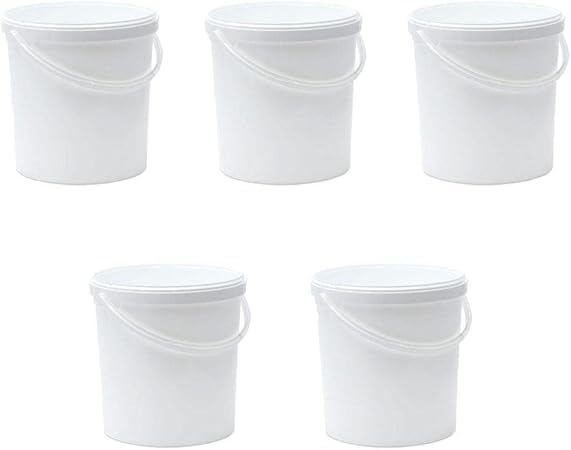 Meridian Plastic Buckets with Lid, 20 Litre, Food Grade Plastic, Storage with Ergonomic Handle, White, (Pack of 5)