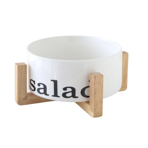 Downtown White Vegetable and Fruit Salad Bowl with Bamboo Stand, 23x10cm Elegant Serving Dish for Kitchen and Dining Room, Large Porcelain Bowl with Natural Wood Base Decoration