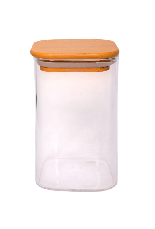 Airtight clear glass storage canister with wood lid food storage container jar with sealing bamboo lid for kitchen storage and multipurpose use (220ML SQUARE JAR, 6 PCS)