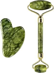 Beauty Jade Roller and Gua Sha Set, Natural Jade Stone, Double-Sided, Anti-Wrinkle Facial Massage Tool