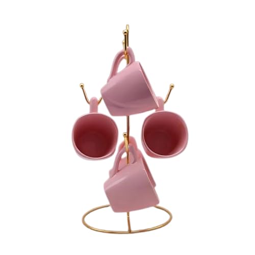 Flora Pink Mug Set with Gold Stand - 7 Pieces of Elegance and Elegant Taste