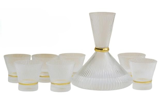 Portal 7-Piece Ribbed Glass Pitcher Set with Gold Ring, Elegant Water Pitcher and Juice Cups (6 Pieces), (Clear)