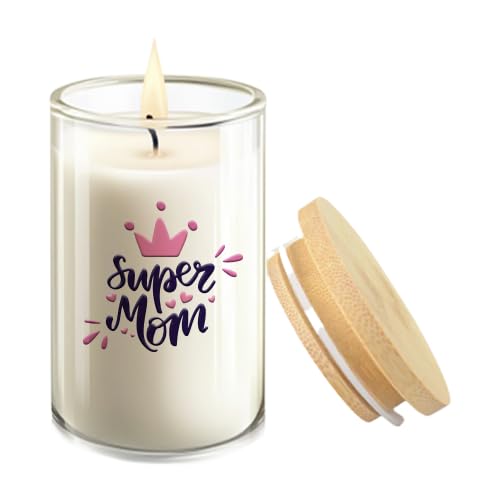 Happy Mother's Day Scented Candle with Wooden Lid, Super Mom Theme, Glass Container, Gift for Mother