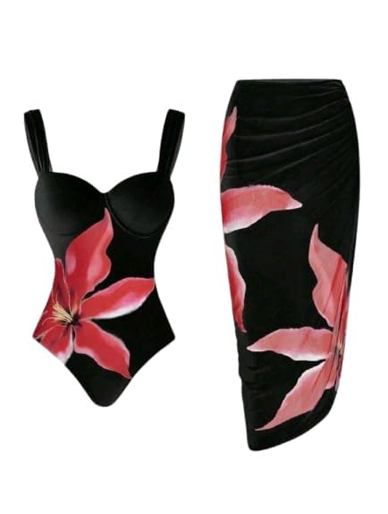 SHEIN-2pcs/Set Swim One-Piece Swimsuit With Cover-Up Skirt
