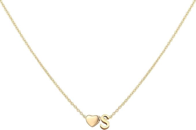 Initial Letter With Heart Pendant Necklace, Gold Plated Chain, Dainty Jewelry