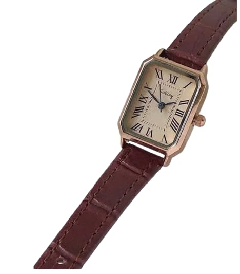 Women's Classic Rectangle Frame Clear Numbers Wrist Watch Brown Leather Strap Business Wrist Watch