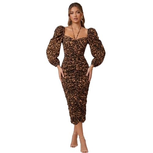 Leopard Print Ruched Midi Dress with Puff Sleeves - Elegant & Bodycon Style.