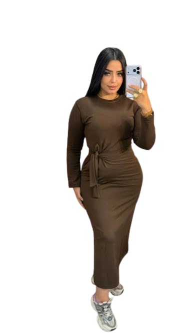 Maxi Dress for Women and Girls long Sleeve Round Neck with Built-in Belt, Cotton