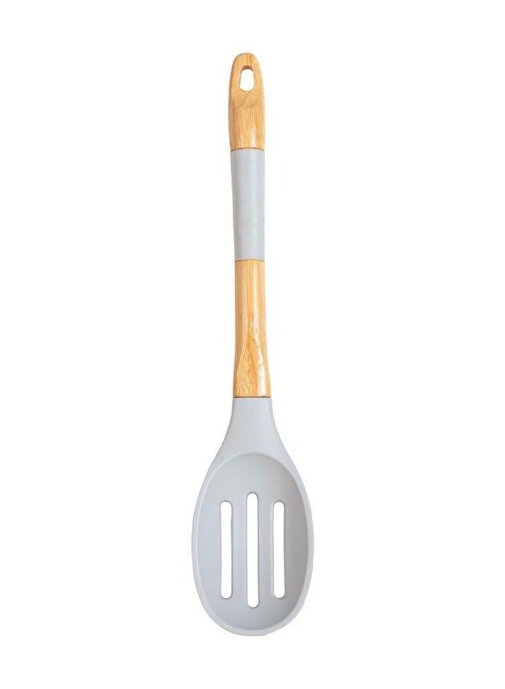 Silicone Slotted Spoon with Wood Handle, 36 cm, Heat-Resistant, Grey, 50 grams