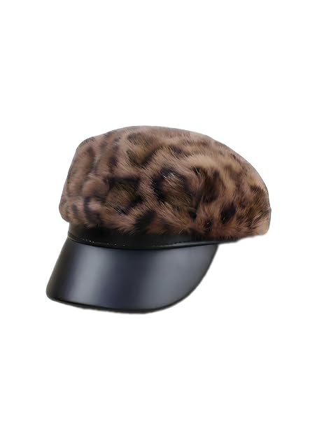 Leopard Style Fur Cap with Black Leather Brim, Fashion Winter Hat for Women Suitable for All Ages and Occasions