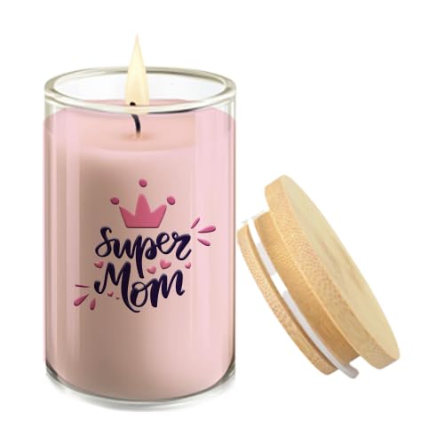 Happy Mother's Day Scented Candle with Super Mom Design, Pink, Glass Container with Wooden Lid