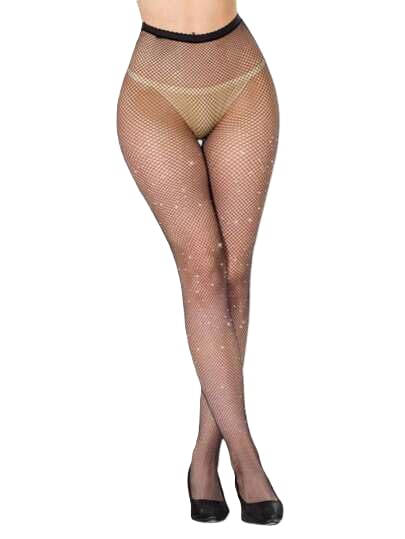 Women's Amazing Rhinestone Fishnet Stockings, Black Mesh Pantyhose with Diamante Detail