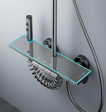 4 in 1 Smart Piano Shower Ruler Grey – LED Digital Display – Luxury Mixer with Speaker and Sprayer Hand – Modern Integrated Shower System for Bathroom (4 Systems All Copper Smart Shower Mixer)