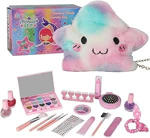 Next Store Makeup Kit for Girls with Fur Star Shoulder Bag, 19 Washable and Safe for Kids, Fun Pretend Play Includes Nail Polish and Eye Shadow, Beautiful Gift for 3 Year Old