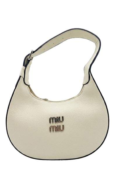 Crescent Women's Handbag, Cream White, Pebble Leather with Dark Trim and Metal Logo
